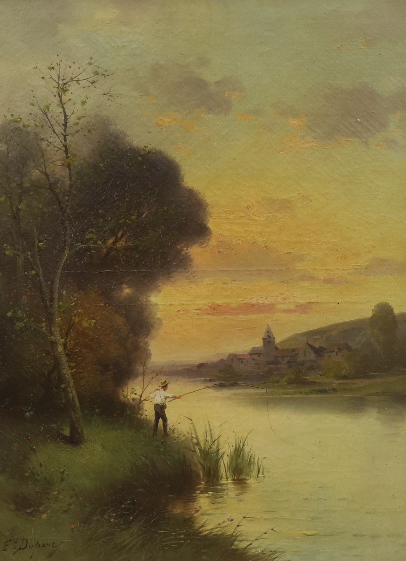 Ed Duparc (19th C.), pair of oils on canvas, River landscapes with angler and woman washing clothes, signed, 64 x 48cm